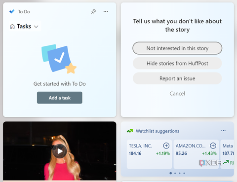 Screenshot of Widgets pane after adding a news story, asking the user to select a reason for hiding the story