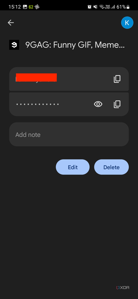 A screenshot showing 9GAG's login credentials with Google Password Manager.