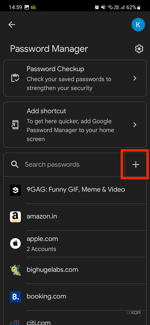 A screenshot showing the Google Password Manager page with the option to add new password highlighted