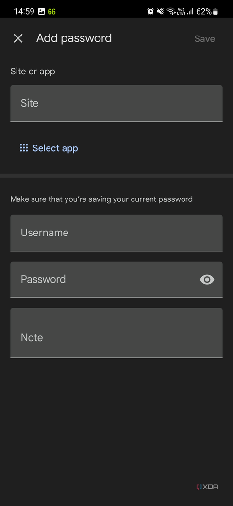 A sceenshot showing the empty fields to add a new password in Google Password Manager.