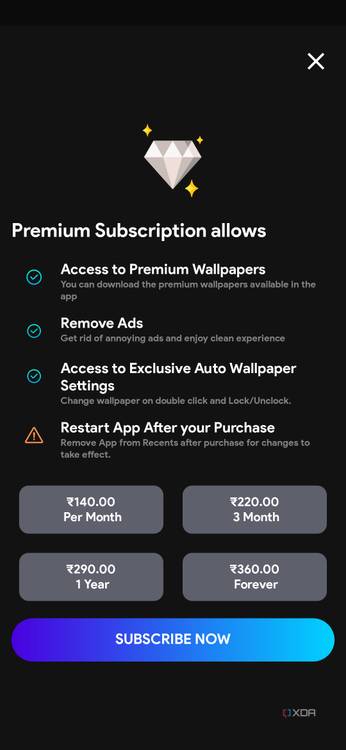 A screenshot showing premium subscription options and its benefit of Amoledpix wallpaper app.