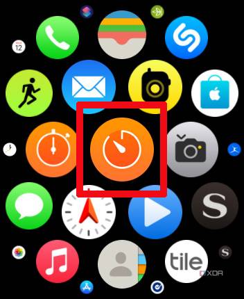 Apple Watch home screen with the Timer icon selected.