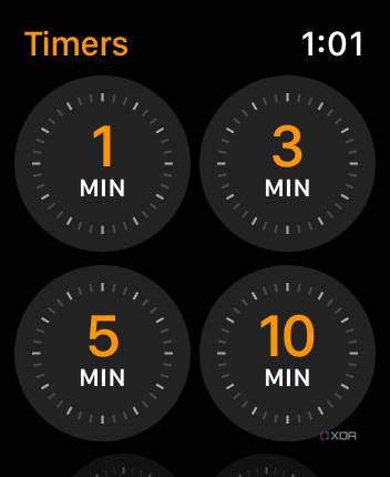 Apple Watch timer showing 1, 3, 5, and 10