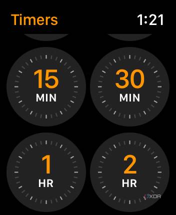 Apple Watch timer showing 15, 30 minutes and 1 and 2 hours.