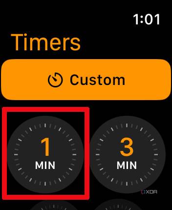 Apple Watch timer screen with 1 minute selected.