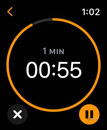 Apple Watch timer app with 1 minute and 55 seconds to go.