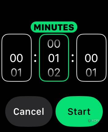 Apple Watch timer app showing timer wheels to set.