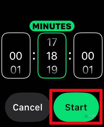 Apple Watch timer app with the time set to 18 minutes and start selected.