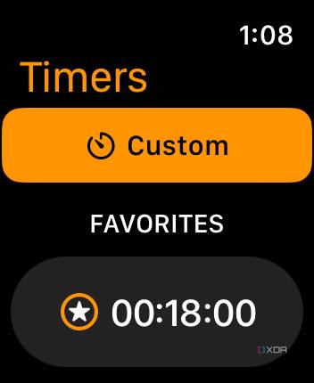 Apple Watch custom timer showing 18 minutes with a star beside it as a favorite.