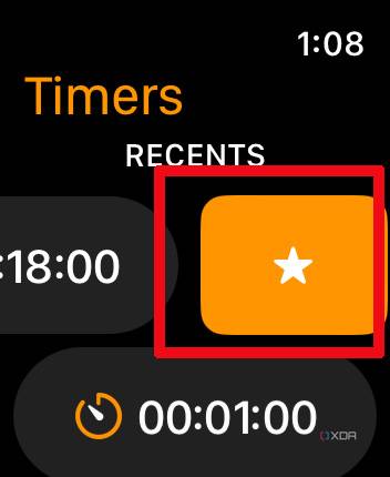 Apple Watch timer showing adding an 18 minute timer as a favorite.