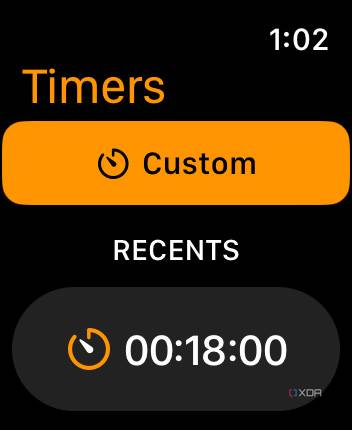 Apple Watch timer screen showing a recent custom timer for 18 minutes.