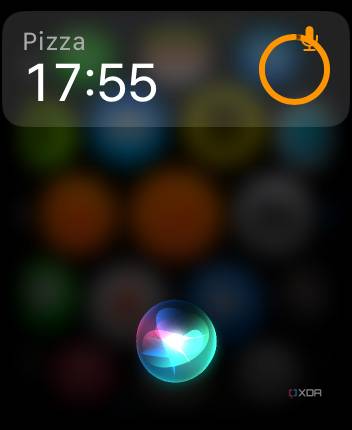 Apple Watch timer app showing the Siri bubble and a pizza timer running.