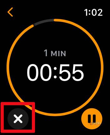 Apple Watch timer app with 1 minute running and the X selected.