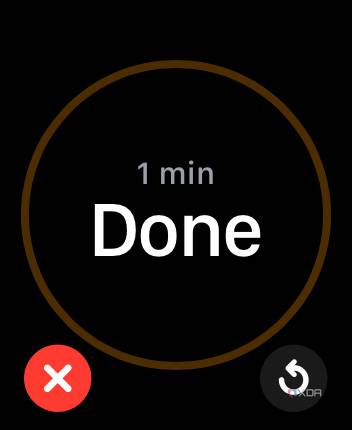 Apple Watch timer app showing 1 minute done.