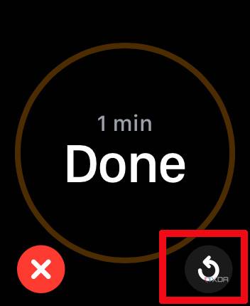 Apple Watch timer app showing 1 minute done and the go again arrow selected.