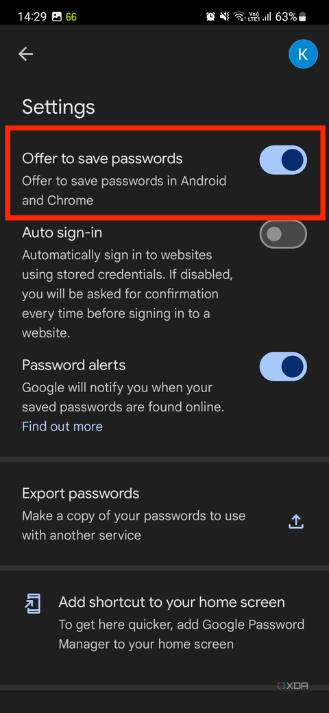 A screenshot showing the auto-save password toggle within the Google accounts page.