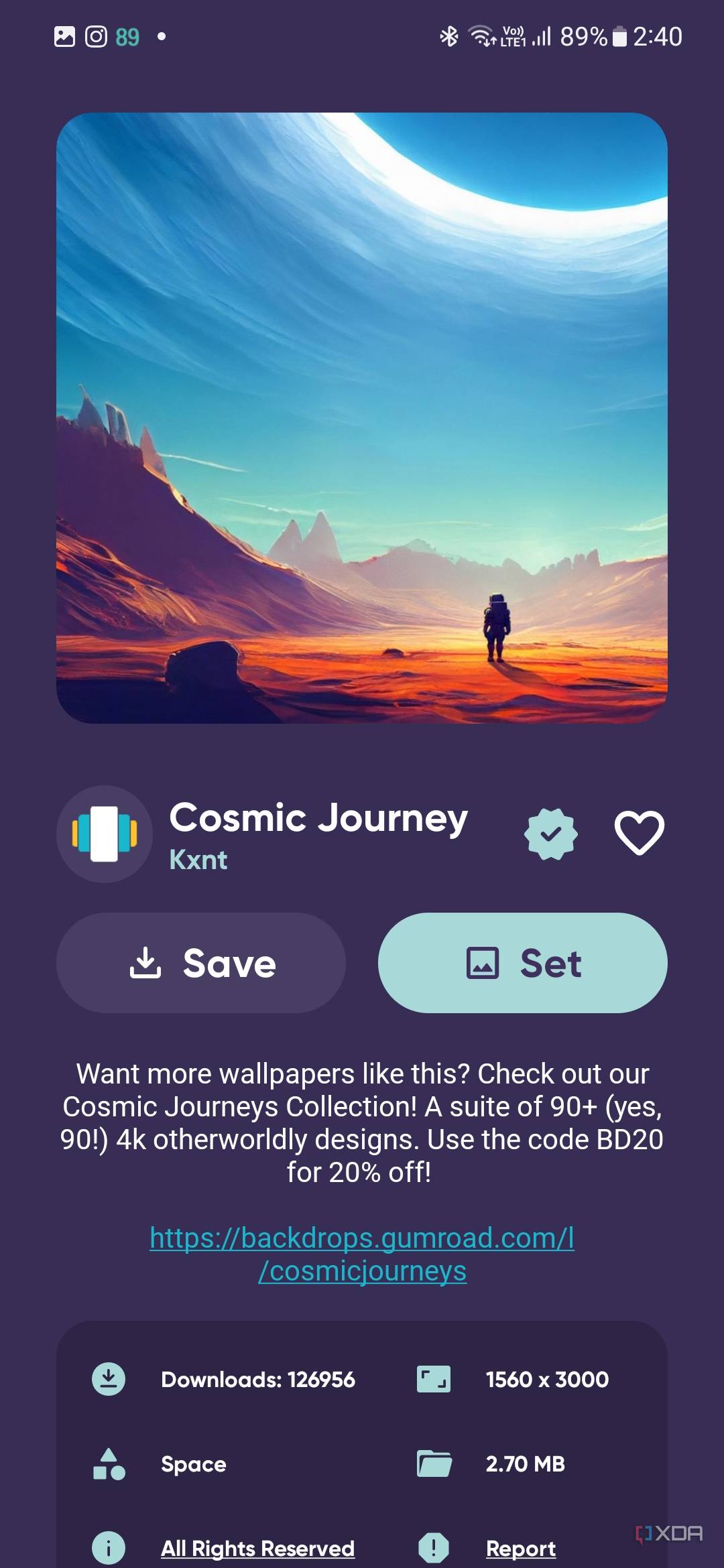 A screenshot showing the details of a wallpaper with its preview and options to save or set it a background on your phone.