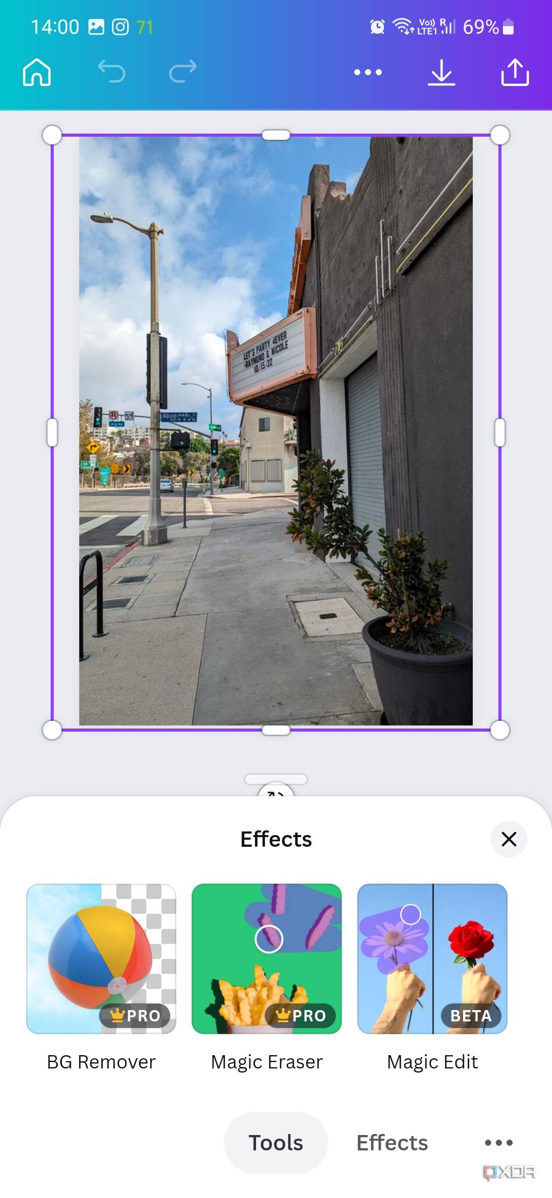 A screenshot captured on Galaxy S23 showing an image being edited on Canva.