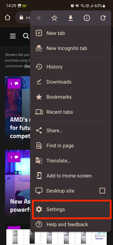 A sceenshot showing the menu options in Chrome browser.