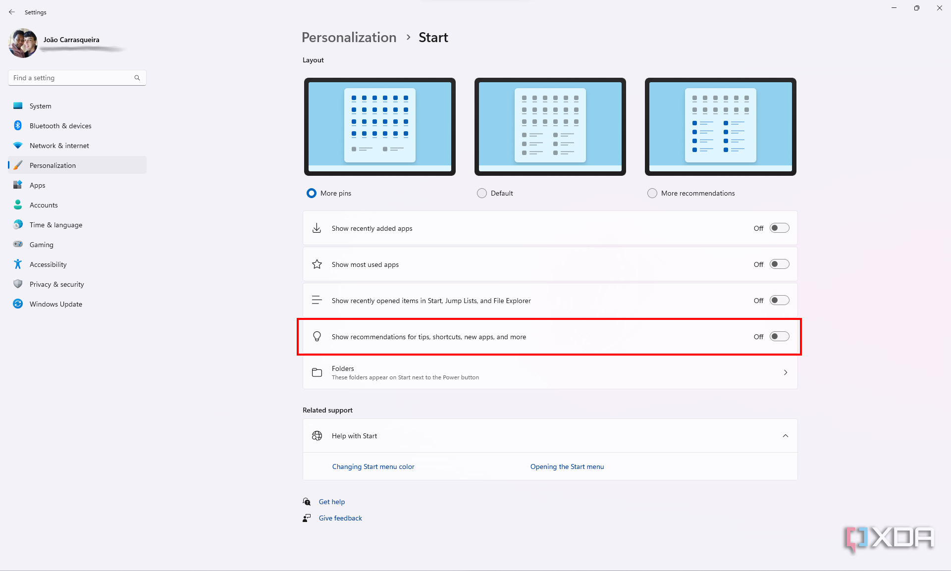 Screenshot of Start menu personalization page in the Windows 11 Settings app recommended tips and shortcuts disabled.