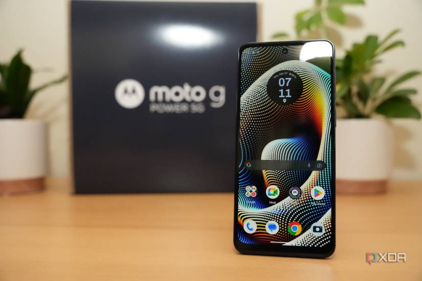 Motorola G Power 5G 2023 off right in front of Moto G Power box and a plant