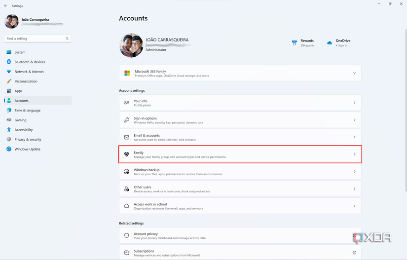 Screenshot of the Accounts section of the Windows 11 Settings app. The Family button is highlighted.