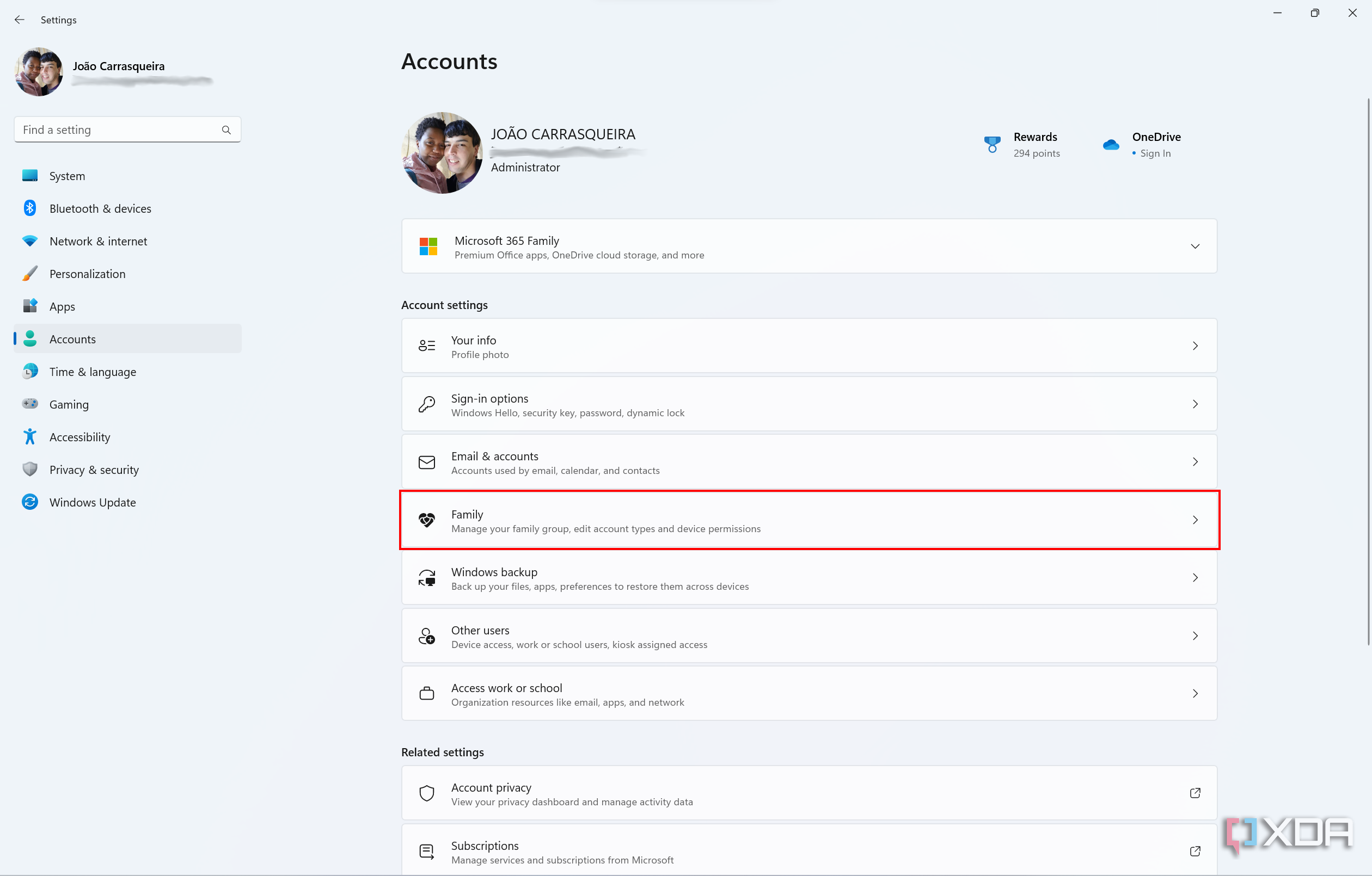 Screenshot of the Accounts section of the Windows 11 Settings app. The Family button is highlighted.
