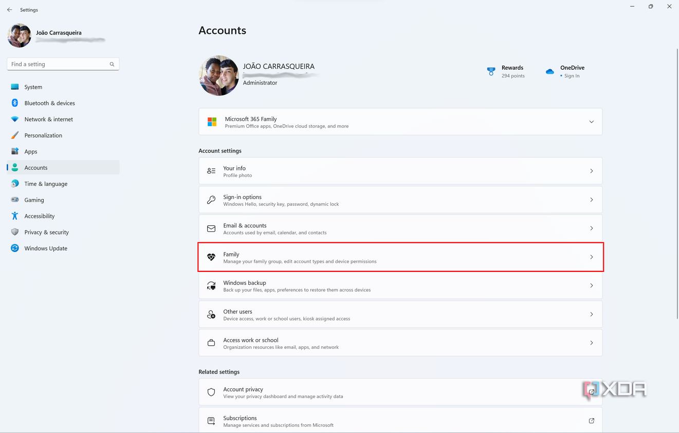 Screenshot of the Accounts section of the Windows 11 Settings app. The Family button is highlighted.