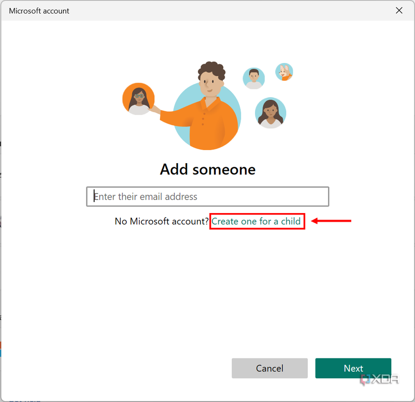 Screenshot of a login page for a child with a Microsoft account. The button to create a new child account is highlighted