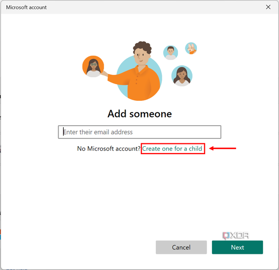 Screenshot of a login page for a child with a Microsoft account. The button to create a new child account is highlighted