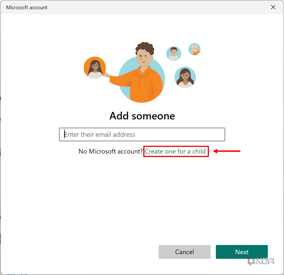 Screenshot of a login page for a child with a Microsoft account. The button to create a new child account is highlighted