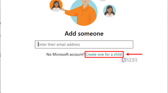 Screenshot of a login page for a child with a Microsoft account. The button to create a new child account is highlighted