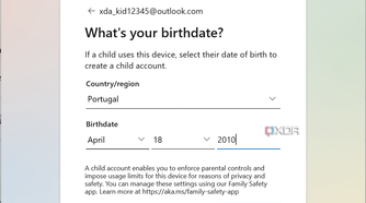 Screenshot of Microsoft account creation asking for the user's country and birth date