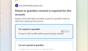 Screenshot of child account setup on Windows 11 asking the user if they're a parent or legal guardian of the child for whom the account is being created.
