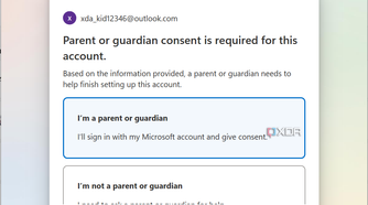 Screenshot of child account setup on Windows 11 asking the user if they're a parent or legal guardian of the child for whom the account is being created.
