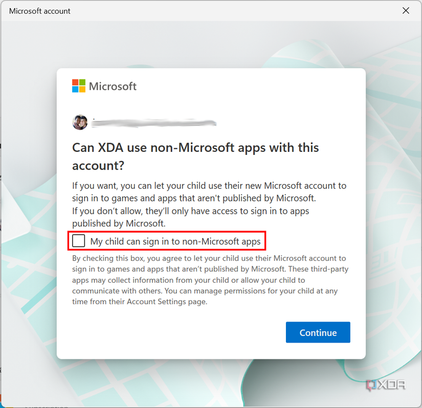 Screenshot of child account setup on Windows 11 asking the parent if the child account can sign into non-Microsoft apps