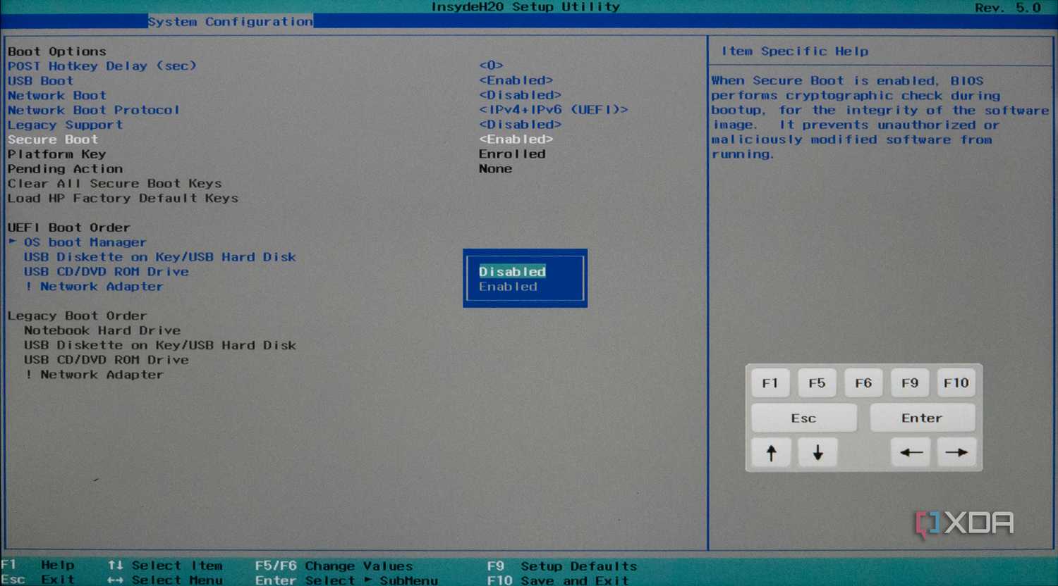 Screenshot of HP BIOS with Secure Boot disabled