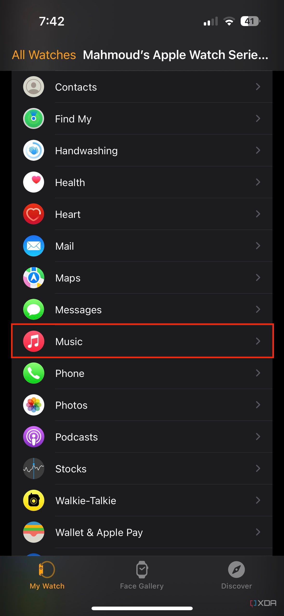 How to stream music on your Apple Watch without an iPhone: Apple Watch app on iPhone highlighting Music section