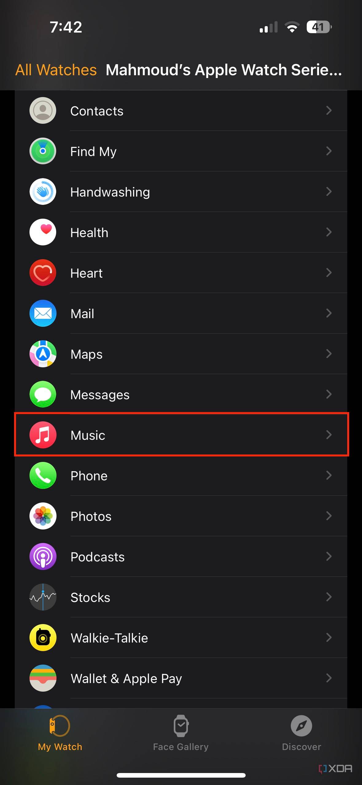 How to stream music on your Apple Watch without an iPhone: Apple Watch app on iPhone highlighting Music section