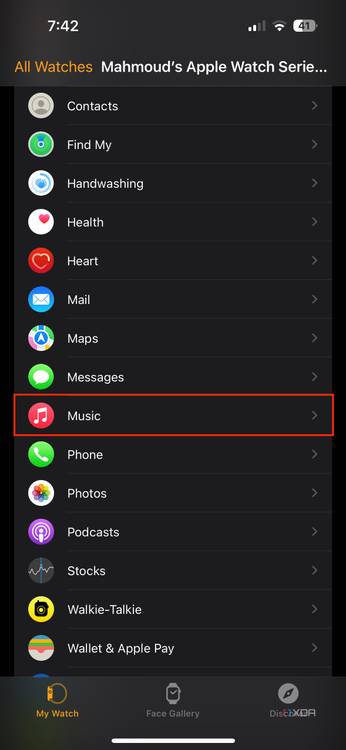 How to stream music on your Apple Watch without an iPhone: Apple Watch app on iPhone highlighting Music section