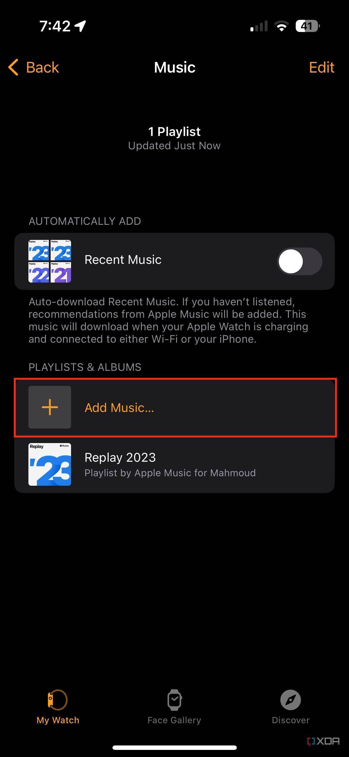 How to stream music on your Apple Watch without an iPhone: Apple Watch Music settings highlighting Add Music button