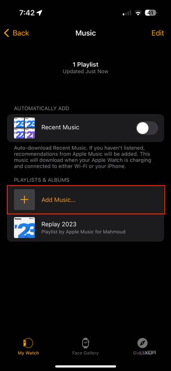 How to stream music on your Apple Watch without an iPhone: Apple Watch Music settings highlighting Add Music button