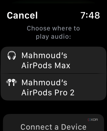How to stream music on your Apple Watch without an iPhone: Choose audio destination prompt on watchOS