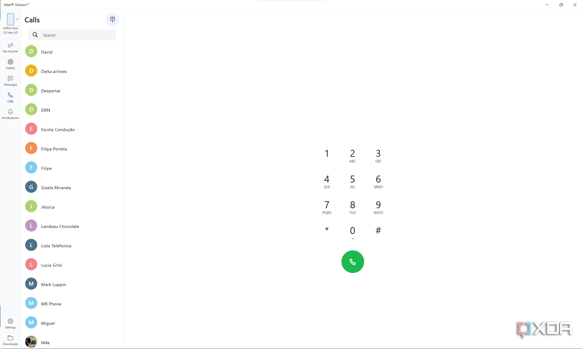 Screenshot of the Calls section in intel Unison for Windows