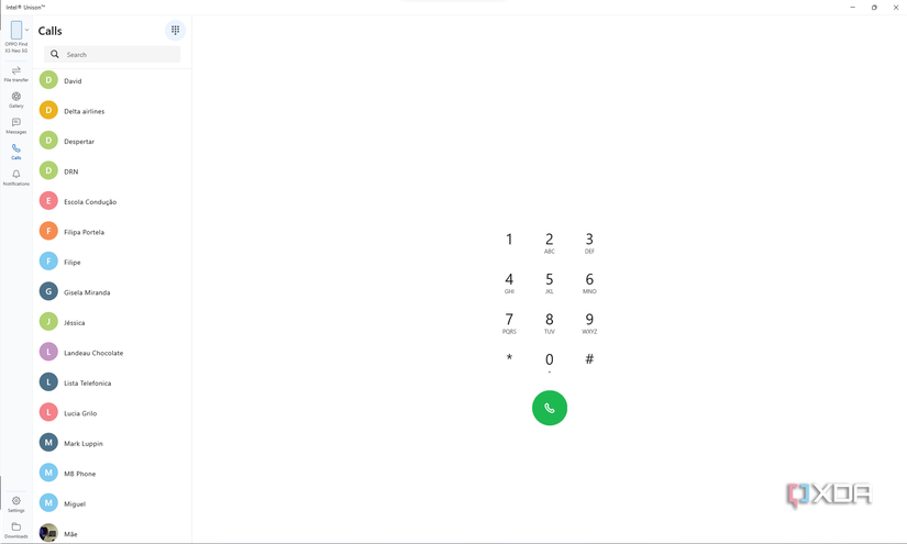 Screenshot of the Calls section in intel Unison for Windows
