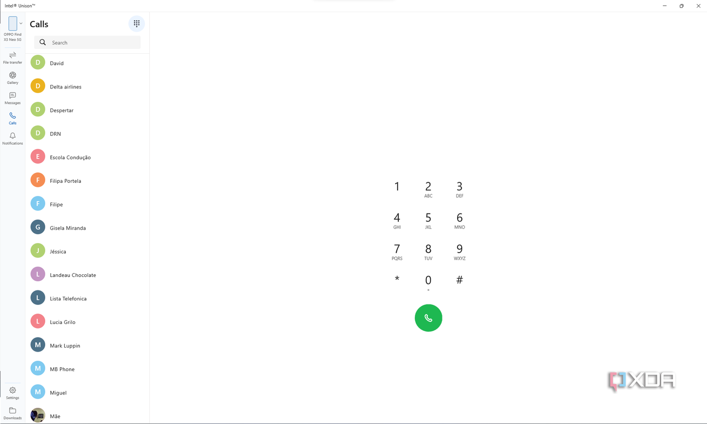 Screenshot of the Calls section in intel Unison for Windows