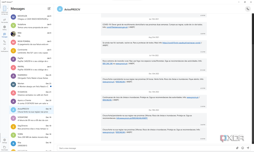 Screenshot of the messages section in Intel Unison for Windows