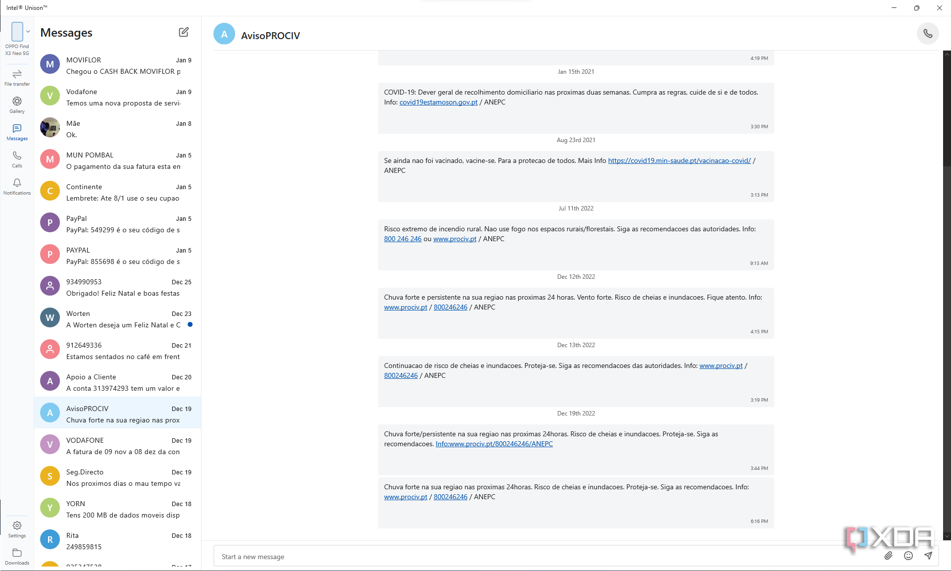 Screenshot of the messages section in Intel Unison for Windows