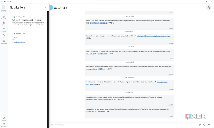Screenshot of the Notifications panel in Intel Unison for Windows