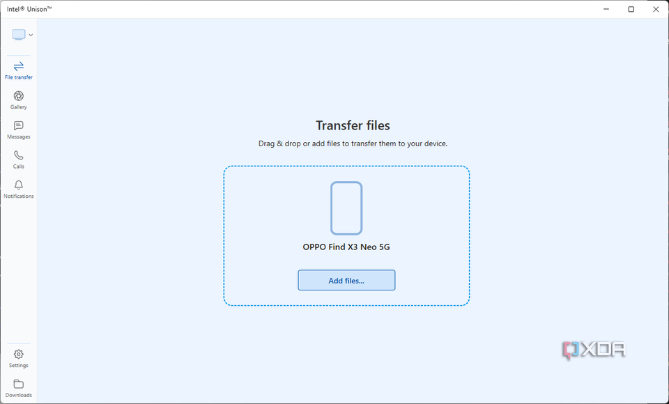 Screenshot of Intel Unison app on Windows with the option to send files to a phone